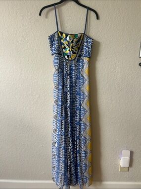 Ranna Gill Blue and Yellow Printed Embroidered and Beaded Yoke Maxi Dress